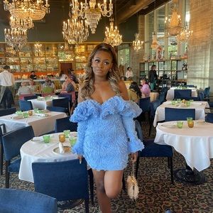 ASOS LUXE 3D lace ruffle Bardot mini dress in blue